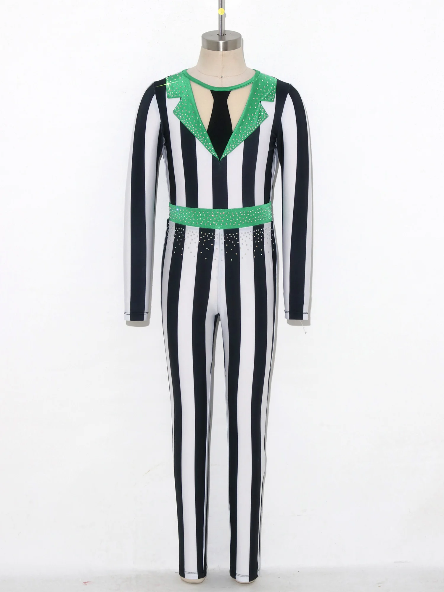 Kids Girls Shiny Rhinestone Jazz Dance Full Length Bodysuit Color-blocked Stripe Jumpsuit Festival Carnival Magician Costume