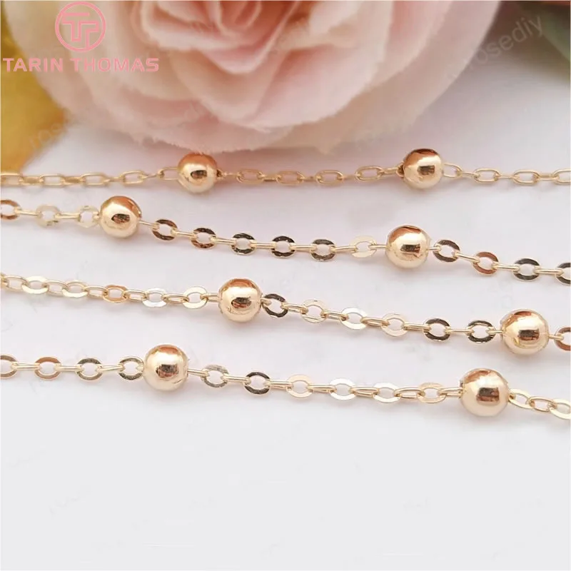 (4288)1 Meter width 1.6MM 24K Champagne Gold Color Plated Brass Station Ball beads Flat Oval Chains Necklace Chains Accessories