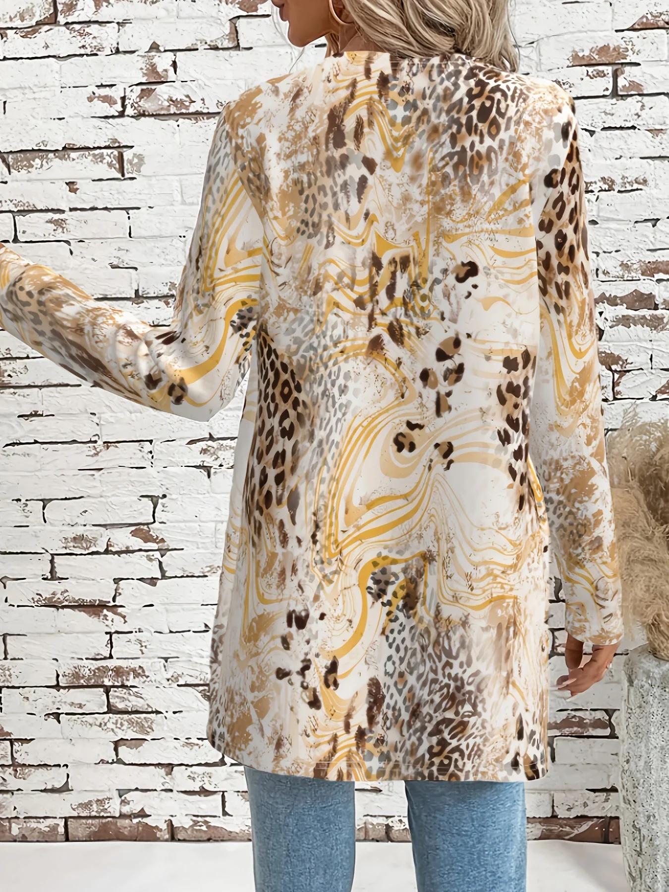 Leopard Print Gradient Long Coat, Versatile Casual Outerwear, Cardigan Top