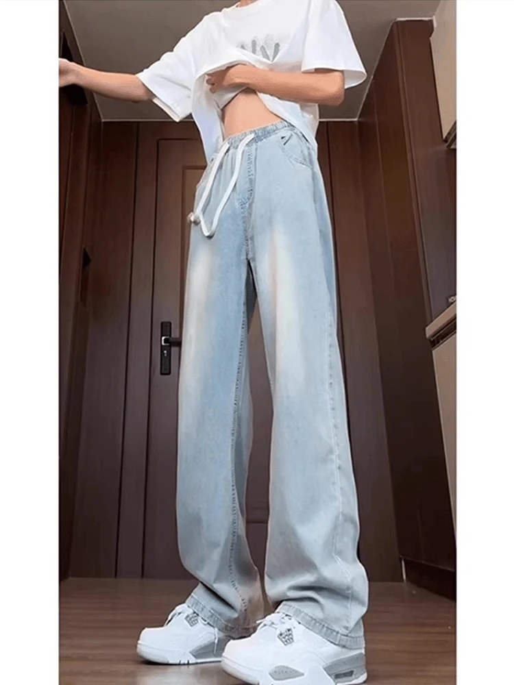 

Голубые мужские джинсы из ледяного шелка, прямые тонкие летние широкие брюки, молодежные модные хлопковые и полиэстеровые влажные брюки...