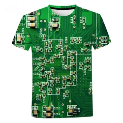 Men's 3D Printed Circuit Board Pattern T-shirt, Creative Casual Electronic Chip Short Sleeved T-shirt, Street Hip-hop Top Haraju