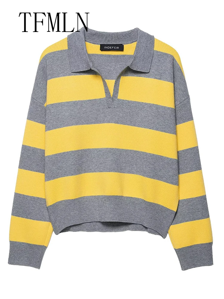 TFMLN-suéter de punto a rayas de gran tamaño para mujer, moda de otoño 20220, Jersey informal holgado con cuello tipo Polo, Tops, prendas de punto elegantes de calle