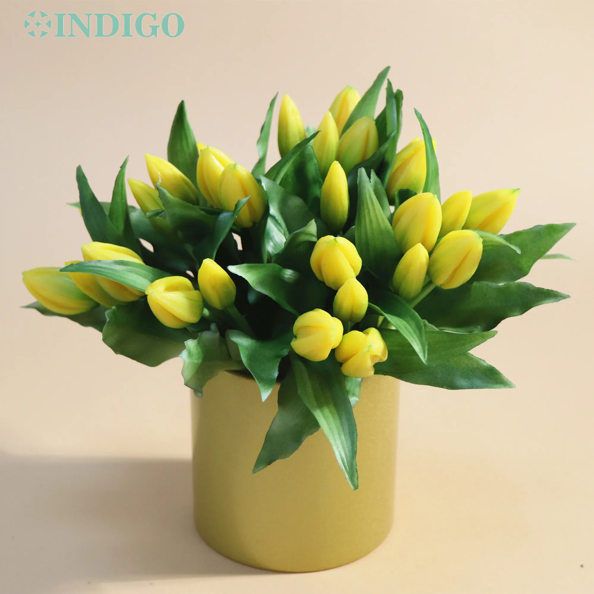 INDIGO-Yellow Tulip Bud Bouquet, Real Touch PE Silicone Artificial Flower, Wedding Home Party Decoration, 27PCs Tulip + Vase