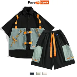 Summer Mens Oversize Set Retro Japanese Frenums Cargo Shirt+Cargo Shorts Fashion Half Sleeve Patchwork Two Piece Set for Unisex