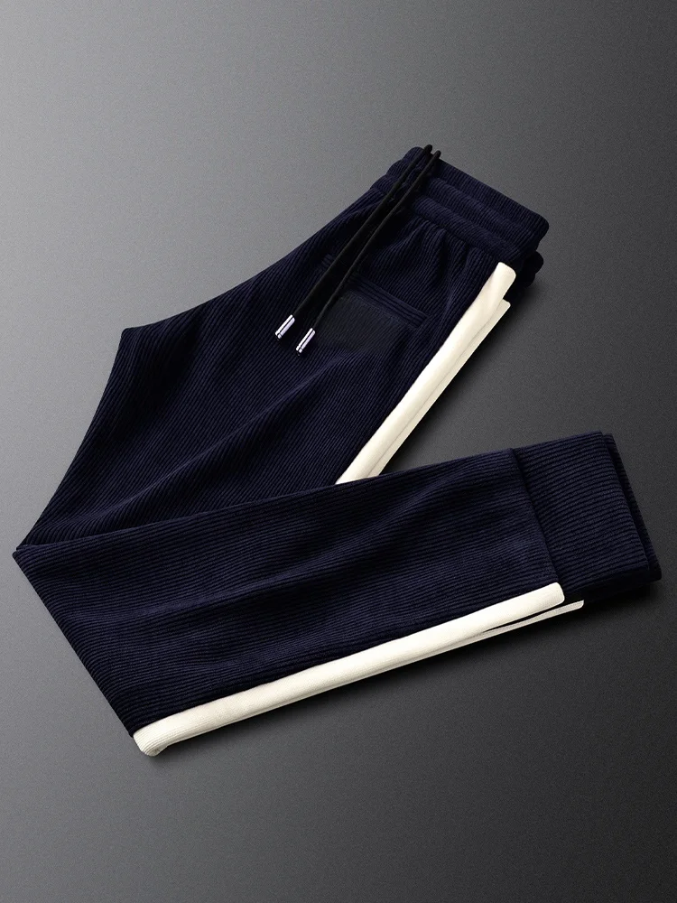 

Light Blue Corduroy Men's Casual Pants Autumn Winter Stripe Side Trim Slim Fit Sports Sweatpants Elastic Waist
