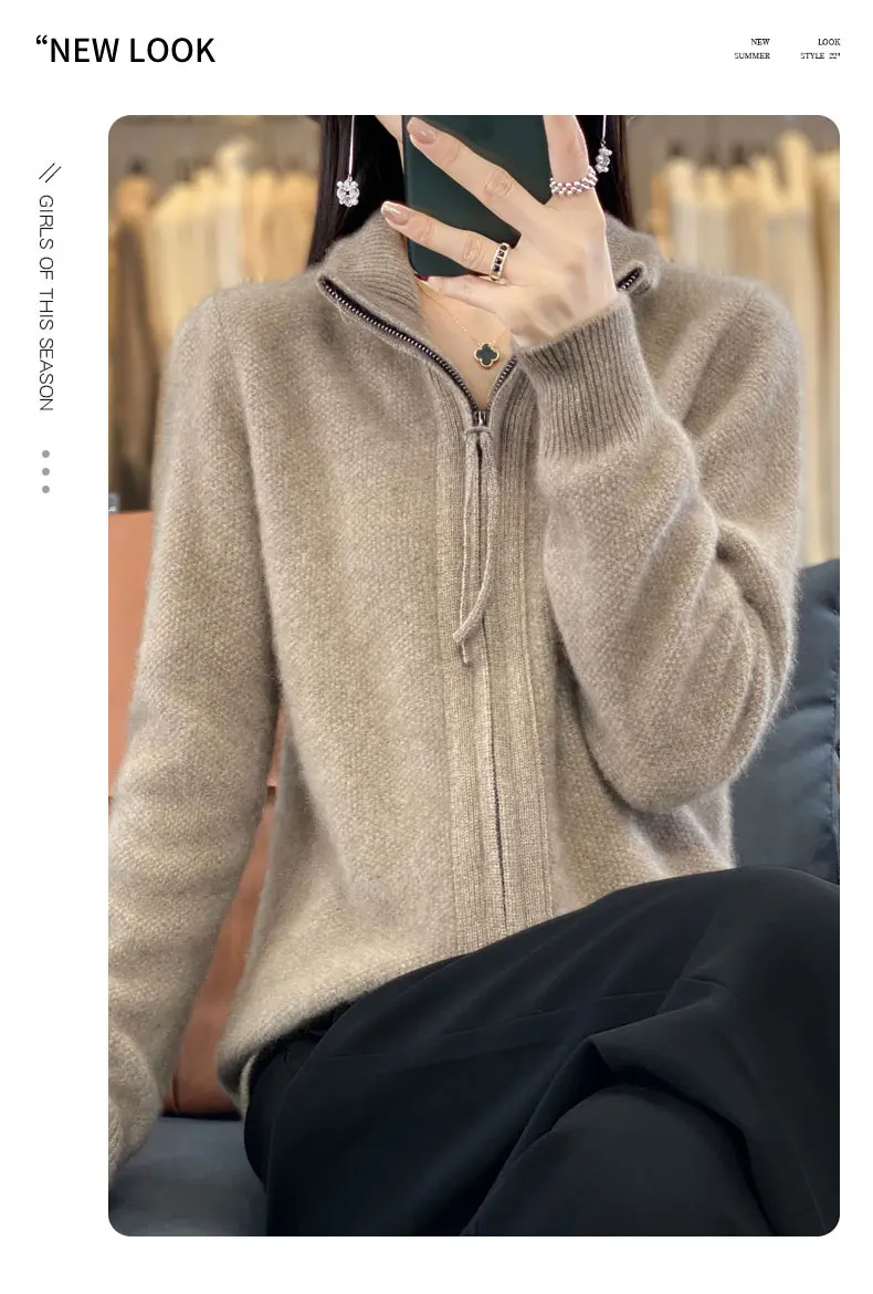 Autumn And Winter New Thick Two-Way Zipper Wool Cardigan Women's Loose Casual Sweater Solid Color Knitted Cashmere Coat