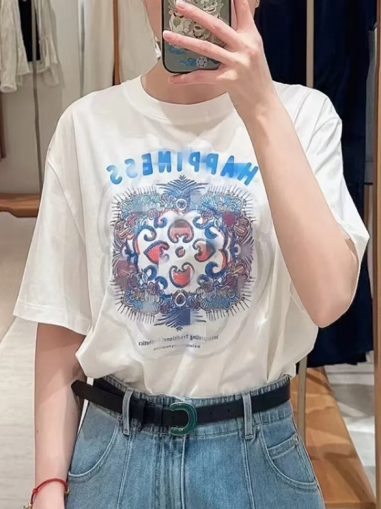 

Новая летняя женская хлопковая футболка с эластичным дизайном и национальной вышивкой ort Sve round Ne Повседневный свободный топ