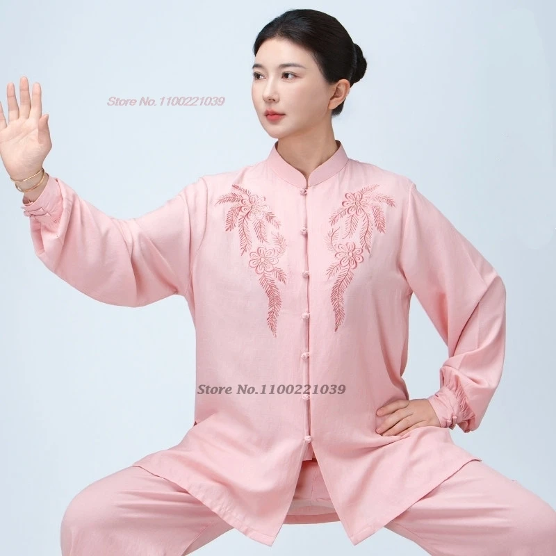 

2026 китайская униформа для тай-чи, ушу, кунг-фу, дышащая, из хлопка и льна, для практики тайцзицюань, с цветочной вышивкой, для занятий боевыми искусствами.