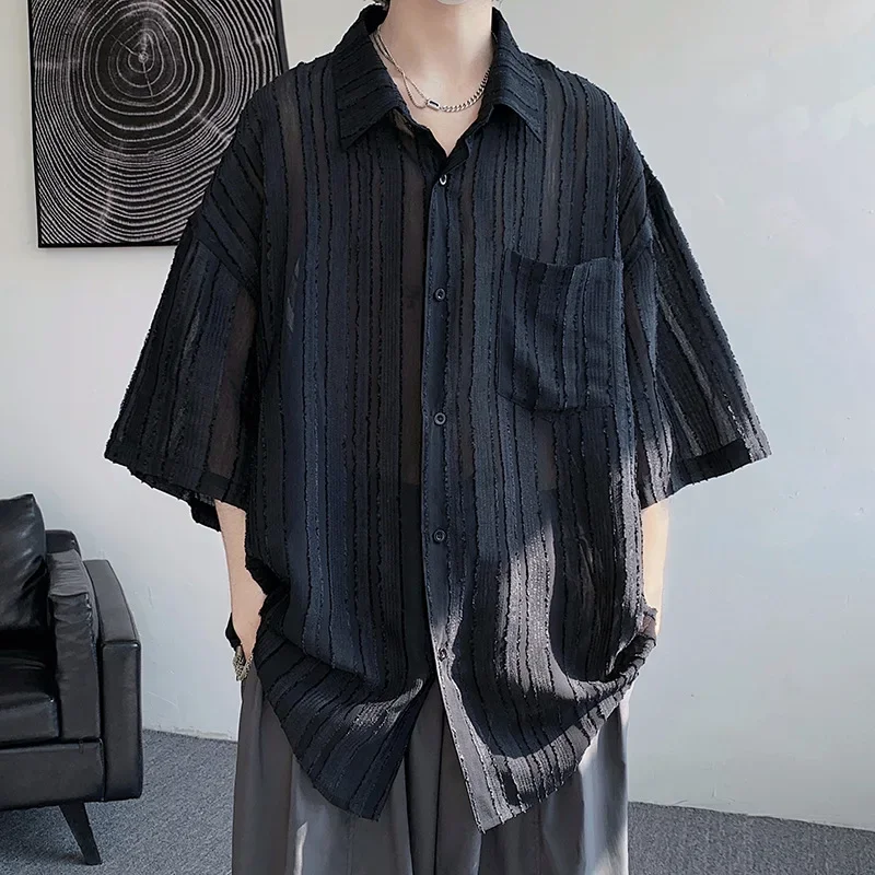 Japanese and Korean Style Ice Silk Shirt Men Short Sleeve Summer Loose Casual Thin Cool Design Sense of A Small Shirt Coat