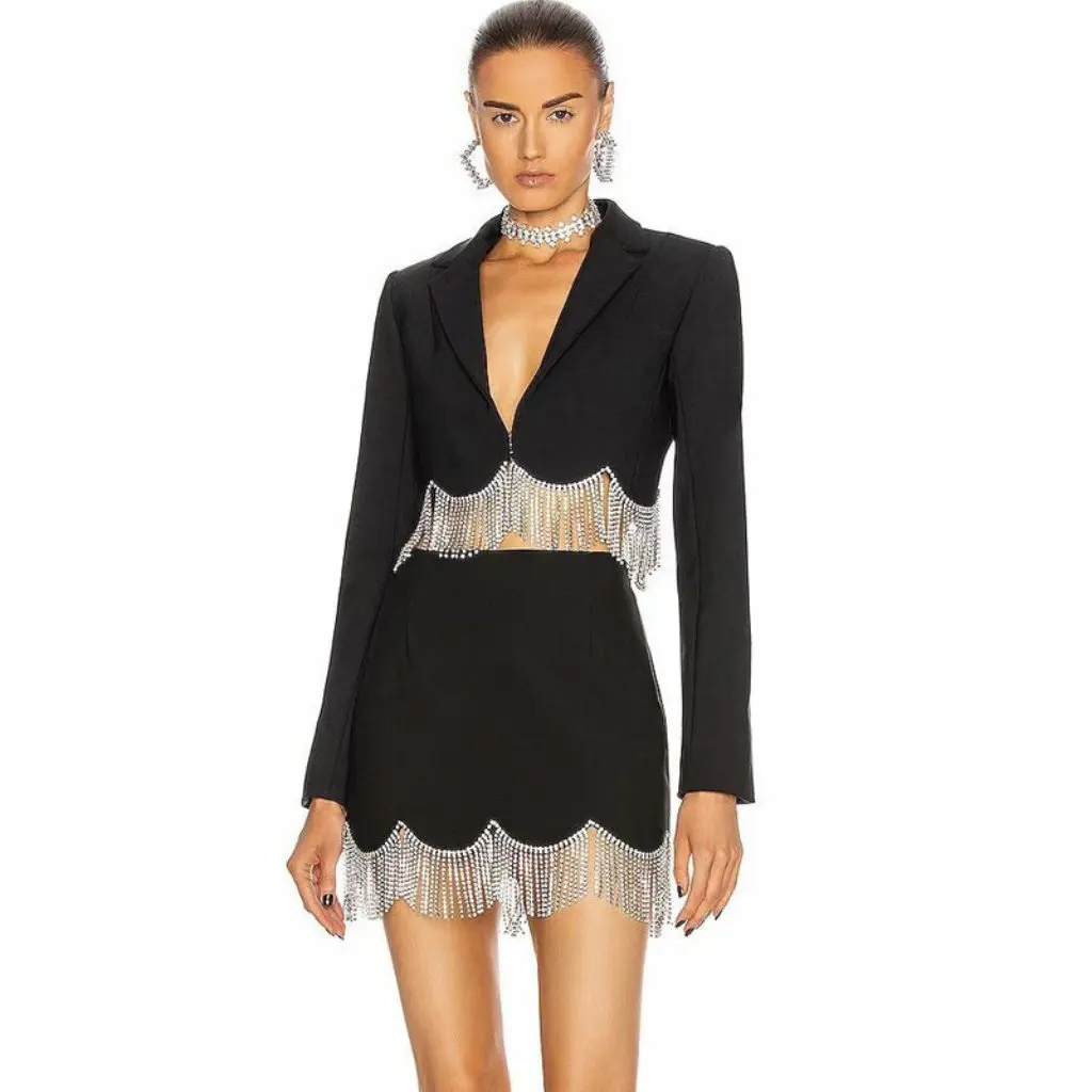 

Women's Elegant Rhinestone Tassel Top And Short Skirt Set Independent European And American Style Suit with Blazer Collar
