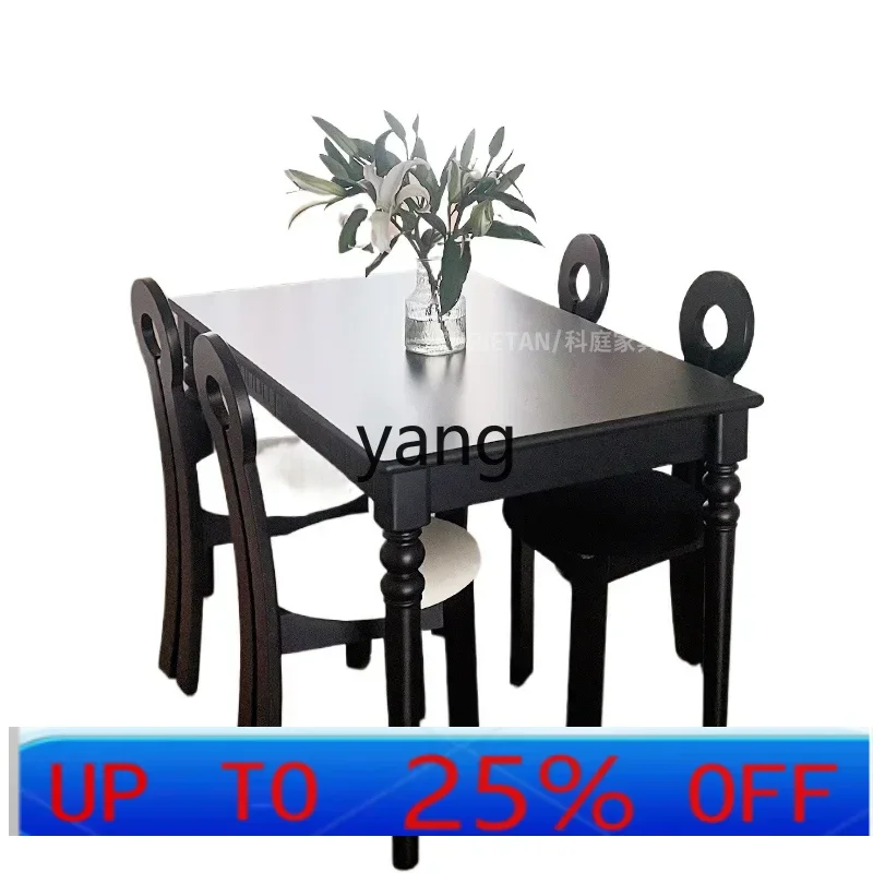 

LTT retro solid wood black dining table light luxury dining table and chair combination small apartment