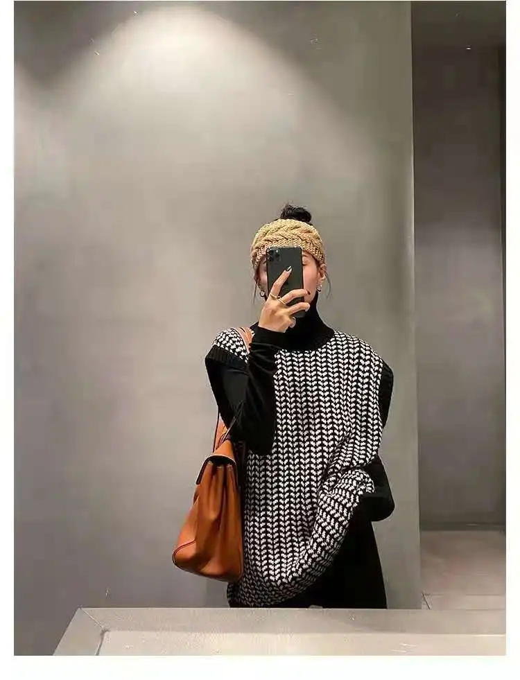 Fall/winter turtleneck houndstooth cashmere sweater vest women wear long fashion vest explosions knitted vest.