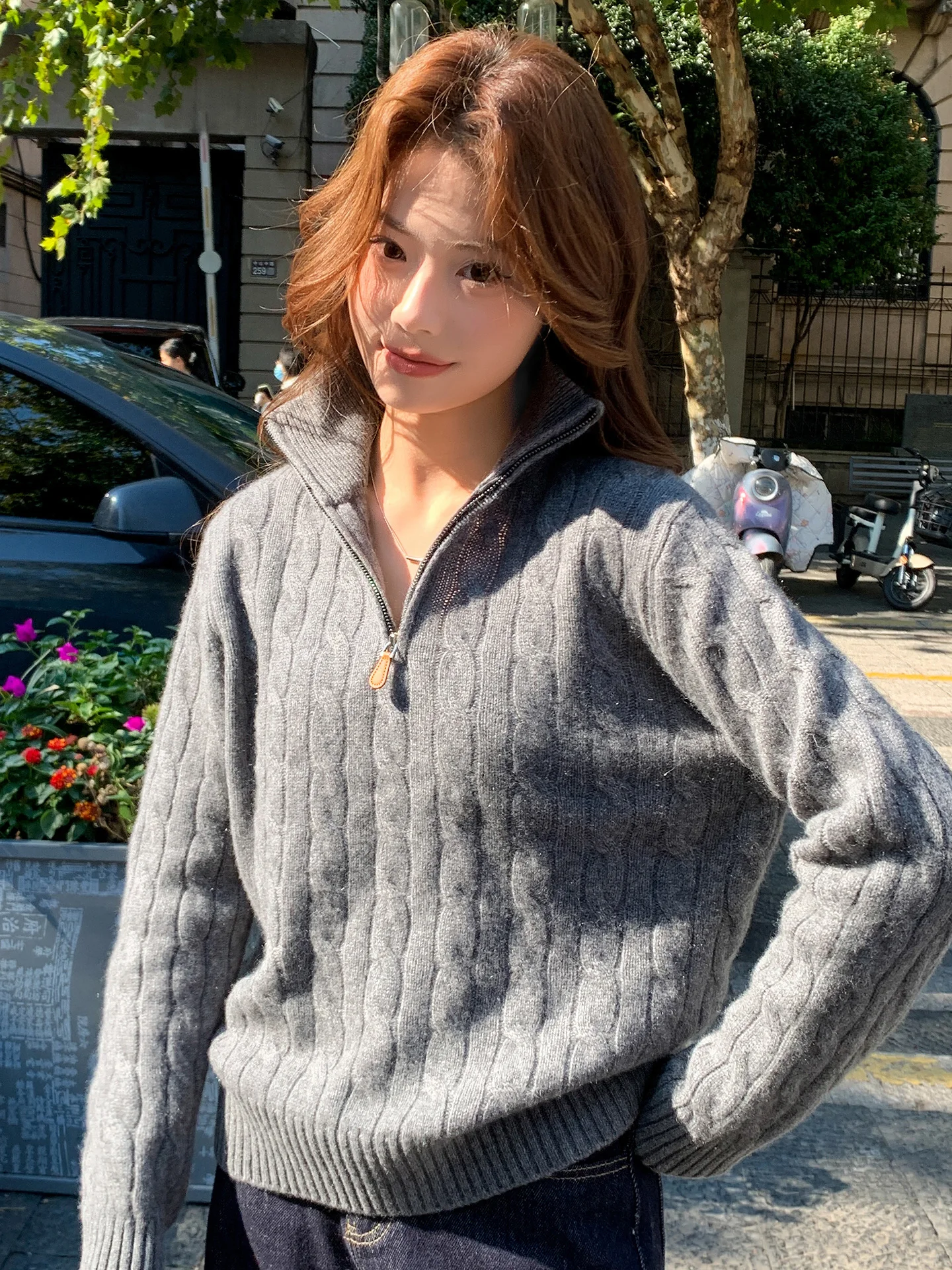 

ay Knitted Sweater Women's Loose Fit Turn-down Collar f Zip Twist Knit Top Casual Sle Long Sve Soft Fabric