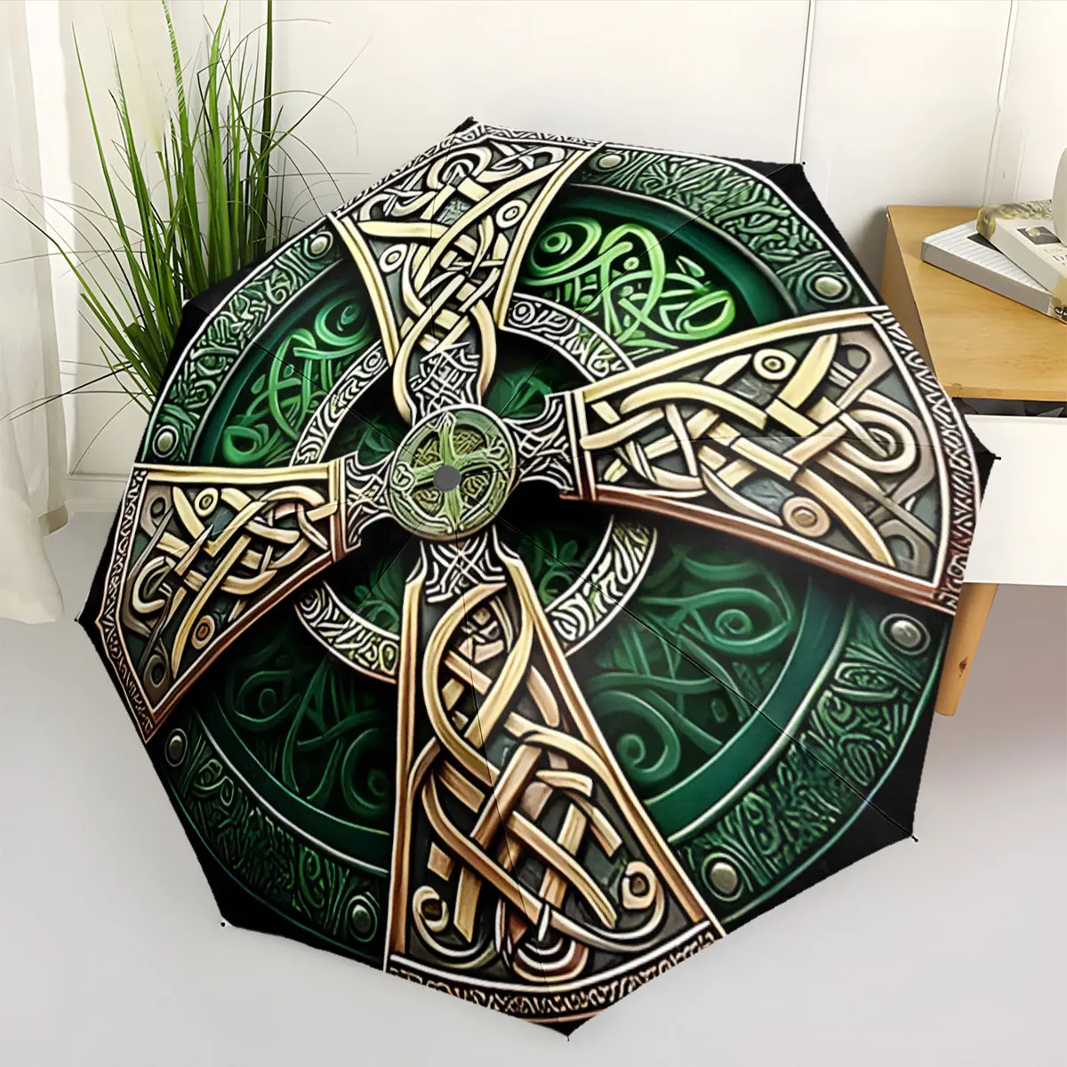 1PC Celtic Patterns on a Stylish Green Umbrella Print 8 Iron Ribs Folding Umbrella Auto-Open Fashion Sunshade