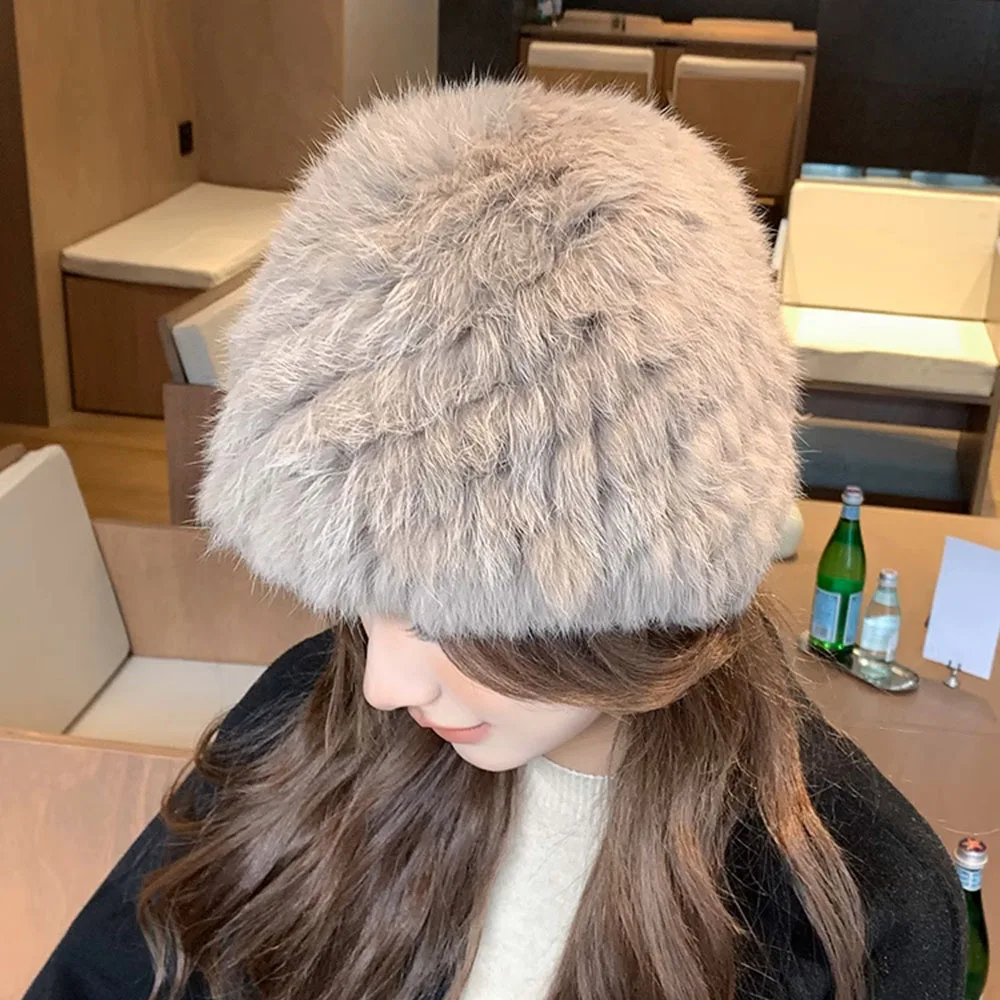 2024 New Fashion Russian Women Knitted Real Rabbit Fur Bomber Hats Winter Lady Warm Fluffy Rabbit Fur Hat Good Elastic Fur Caps