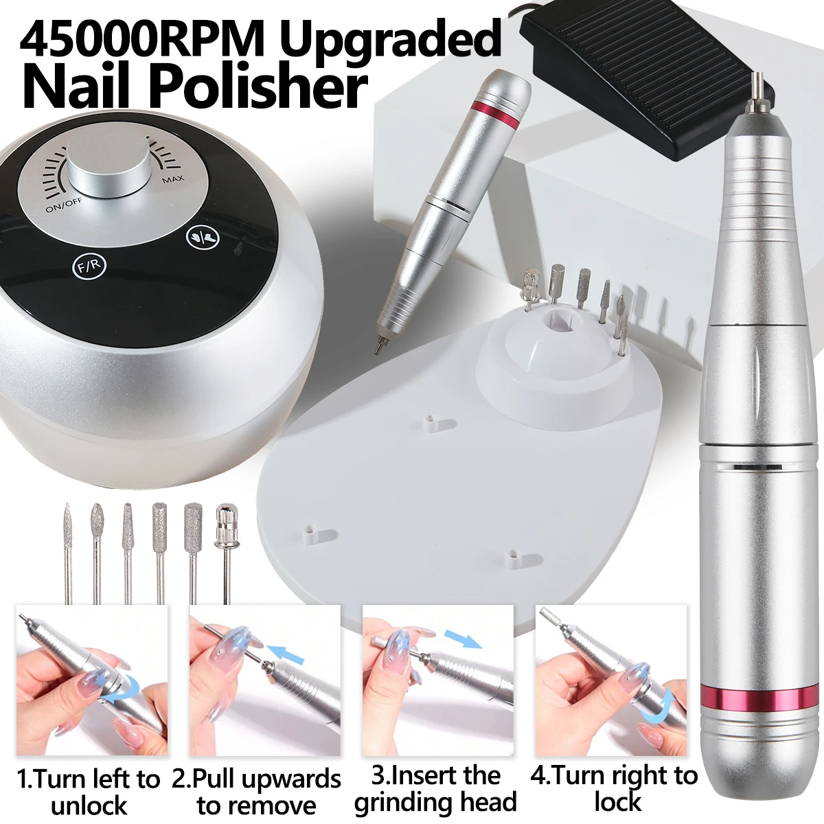 Perceuse à ongles électrique 45000 tr/min, Machine de manucure professionnelle, ensemble de ponceuse à ongles avec foret à ongles, équipement de polissage Portable pour Salon