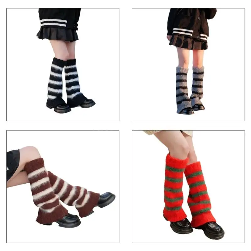 

Womens Vintage Furry Leg Warmer Winter Warm Harajuku Colorblock Striped Flared Loose Cover Calf Socks Streetwear
