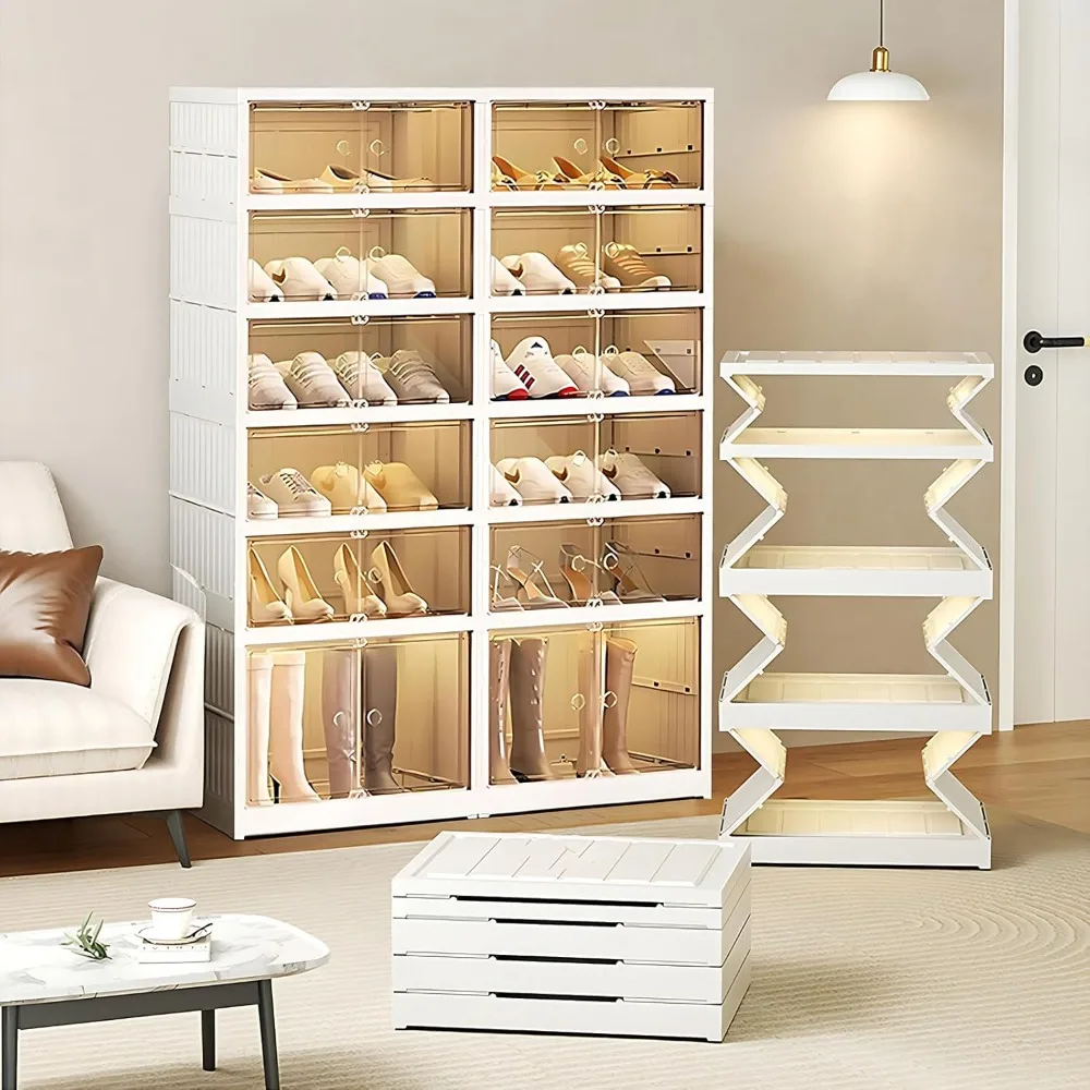 

Portable Shoe Rack Organizer for Closet, Foldable Shoe Storage Boxes Stackable with Lids and Magnetic Clear Door, Collapsible