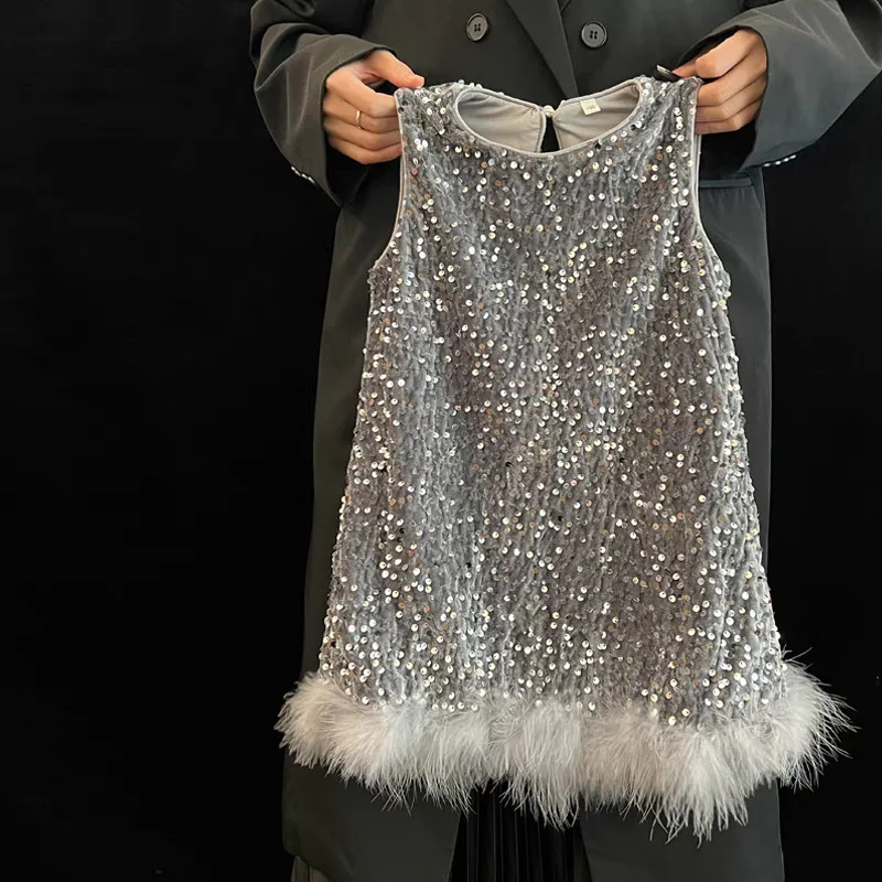 Children Clothing 2026 Spring New Girls Dress Children High-end Sequin Feather Vest Princess Dress Girls Dress