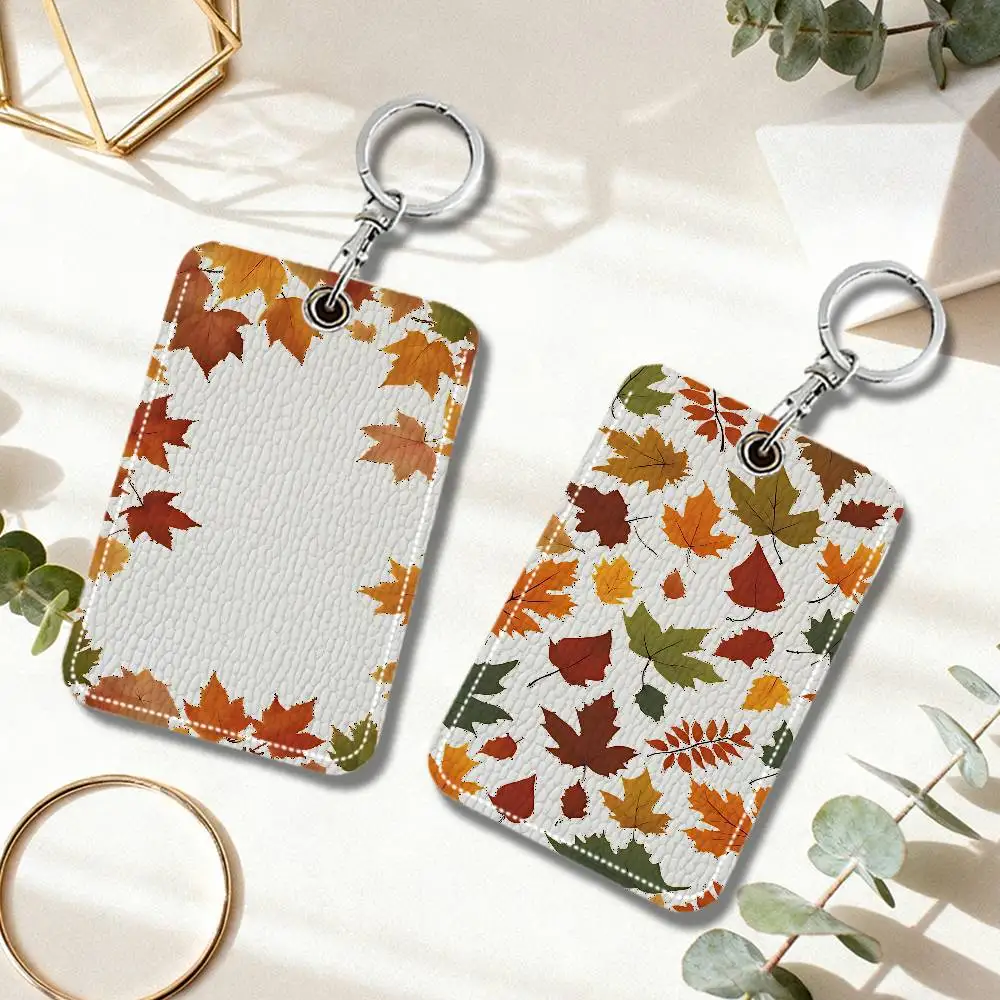 Fashion Yellow Fallen Leaves Keyring Leather Access Card Holder Keychain Community Proximity Card Protective Case