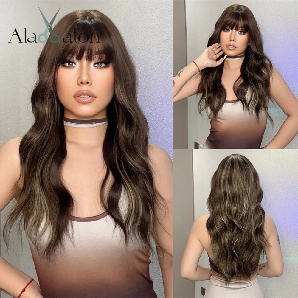 HENRY MARGU Brown Highlight Wavy Wigs with Bangs Long Synthetic Wig for Women Mixed Color Brown Wig for Daily Soft Party Hair