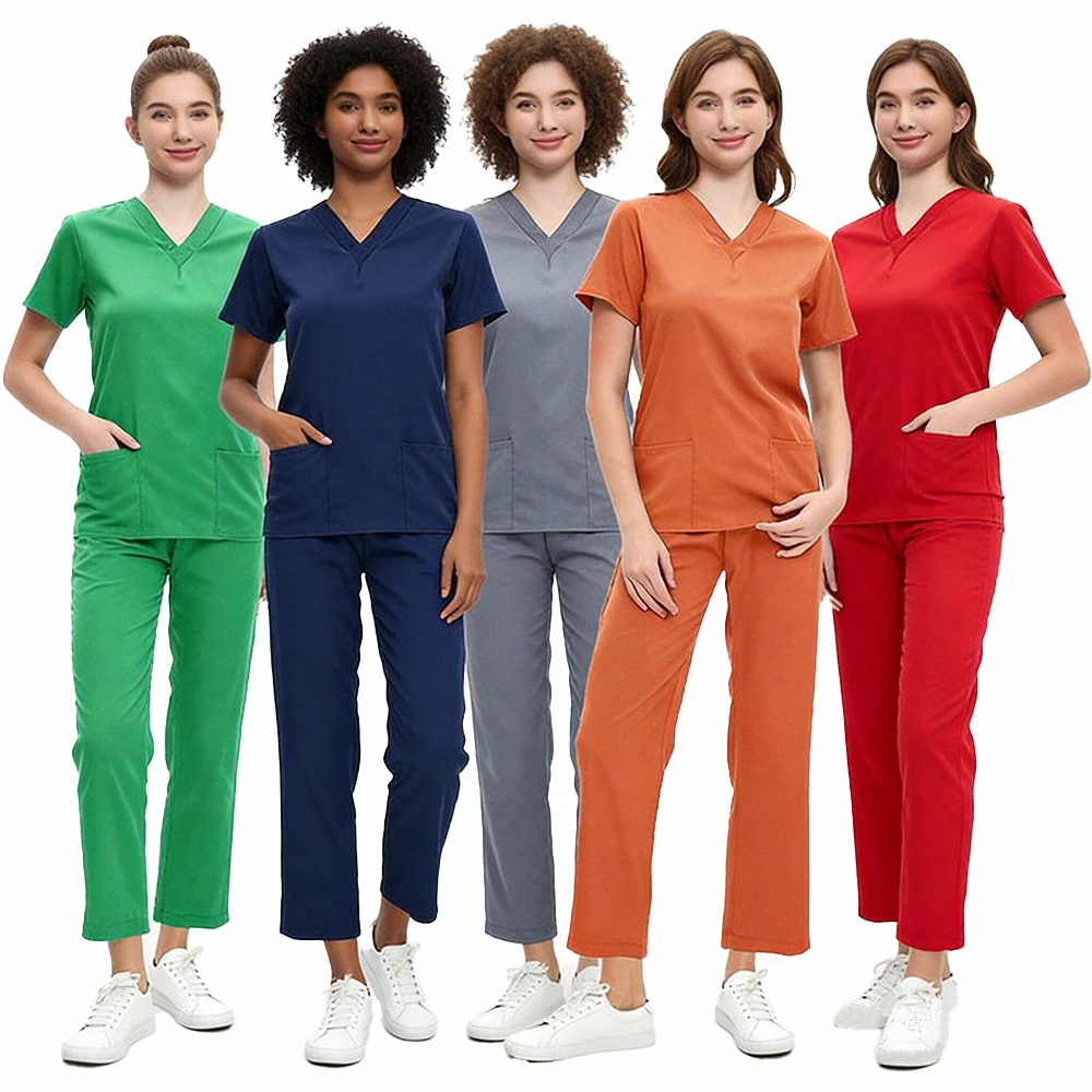 スクラブユニフォームセットユニセックス医療ユニフォーム-v-ネックナーススクラブスーツナース病院作業服口腔歯科手術ワークトップパンツ