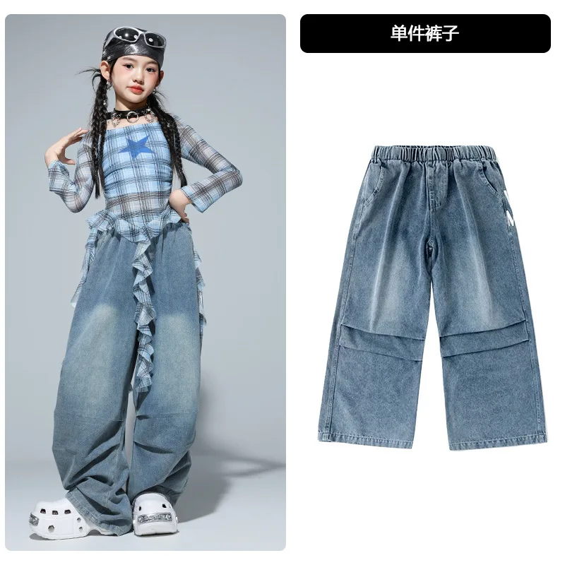 K-pop Blue Plaid Star Off Shoulder Tops Ripped Pants Girls Hip Hop Jazz Clothes Set Children Streetwear Girl Group Costumes