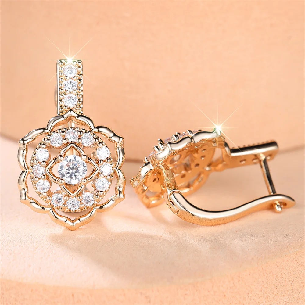 Runde, weiße Zirkon-Ohrringe im trendigen Blumen-Design für Damen, Vintage-Goldfarben, Ohrclips, Hochzeitsschmuck, Muttertagsgeschenke