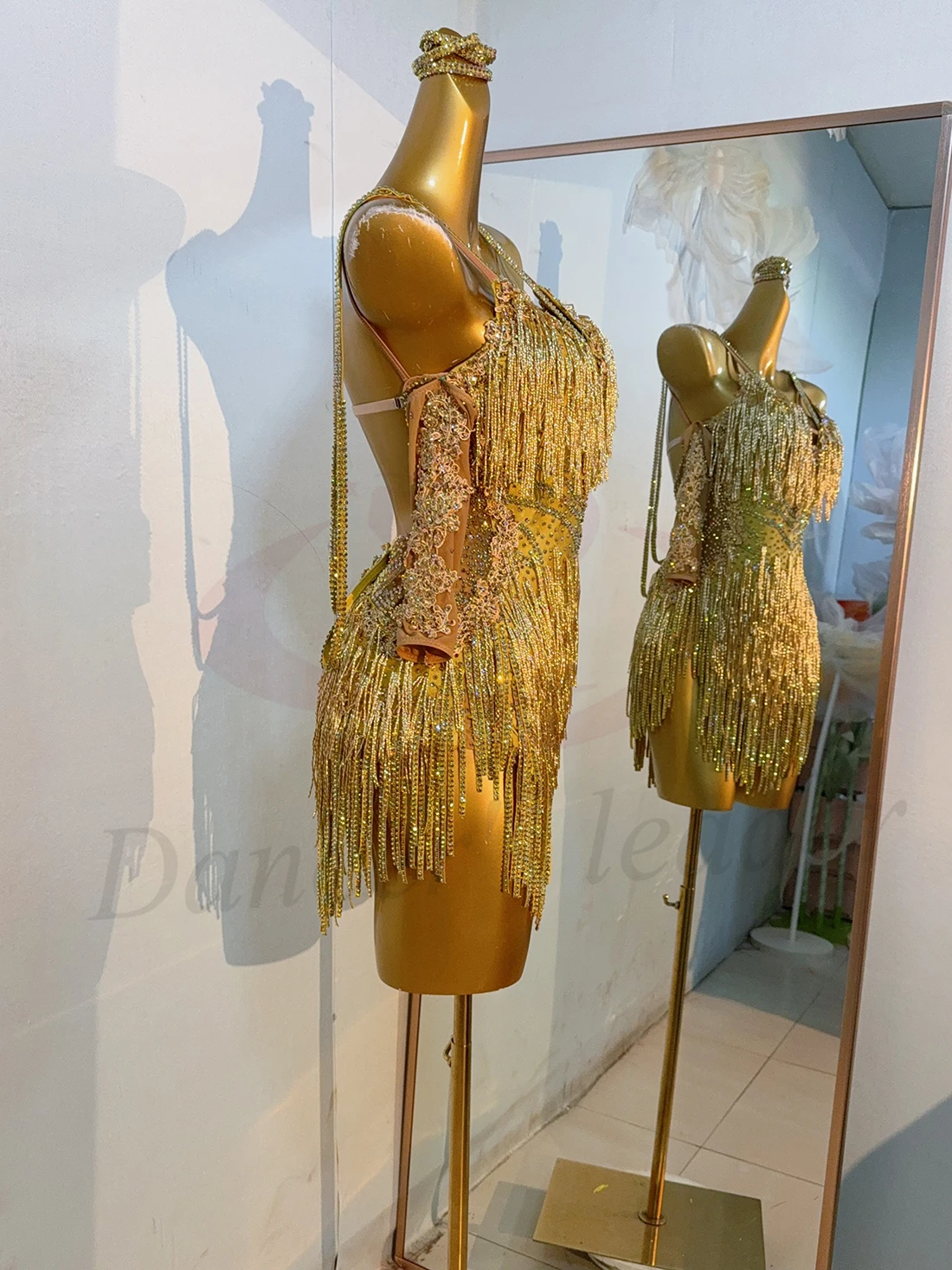 Latin Dance Costume Rhinestone Women's High-end Custom Gold Diamond Stripe Tassel Suspender Samba Performance High Flash Dress