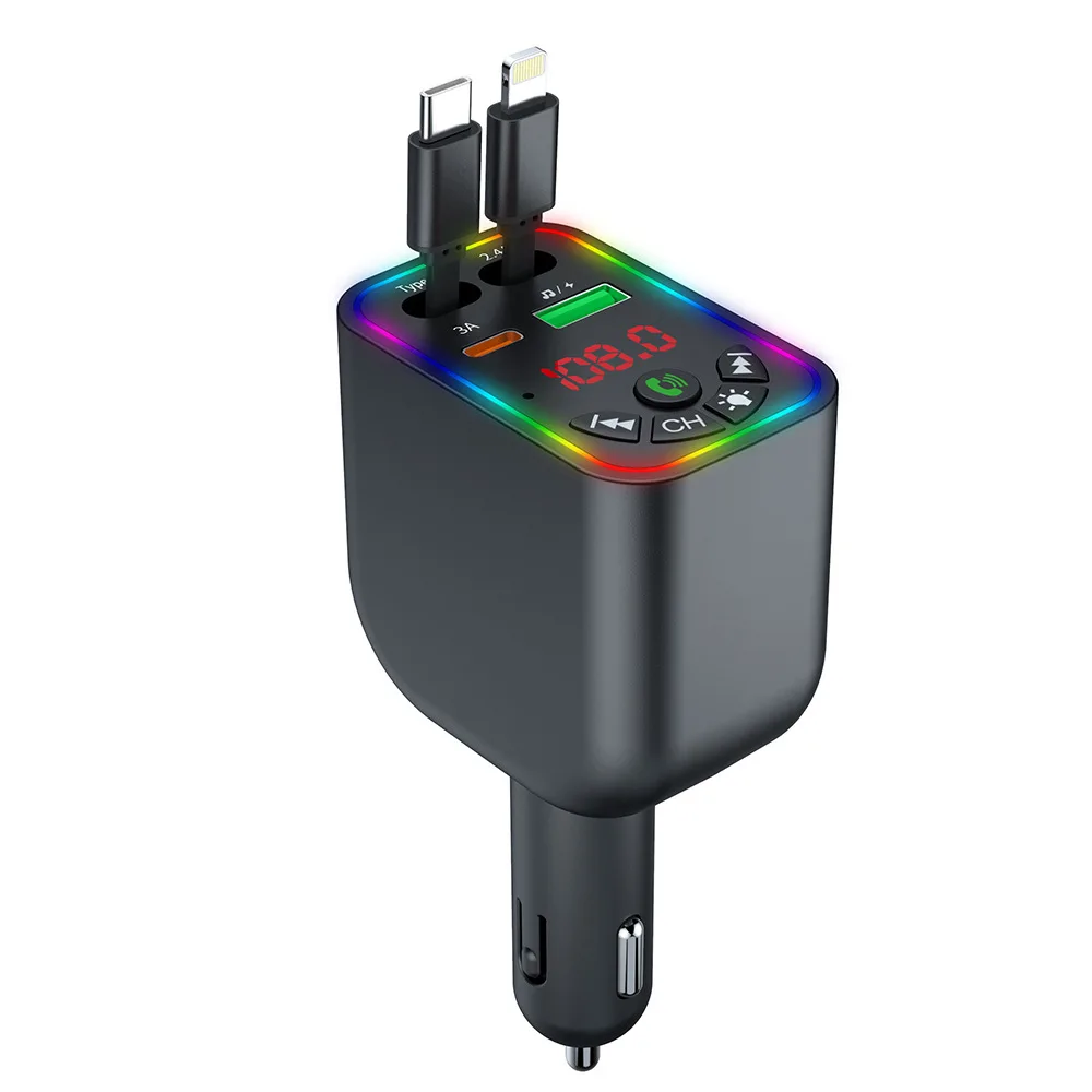 Y5 Retractable Bluetooth Car MP3 Charger - Fast Charge,  Digital Display with Colorful LED, USB Cigar Adapter & Flash Drive