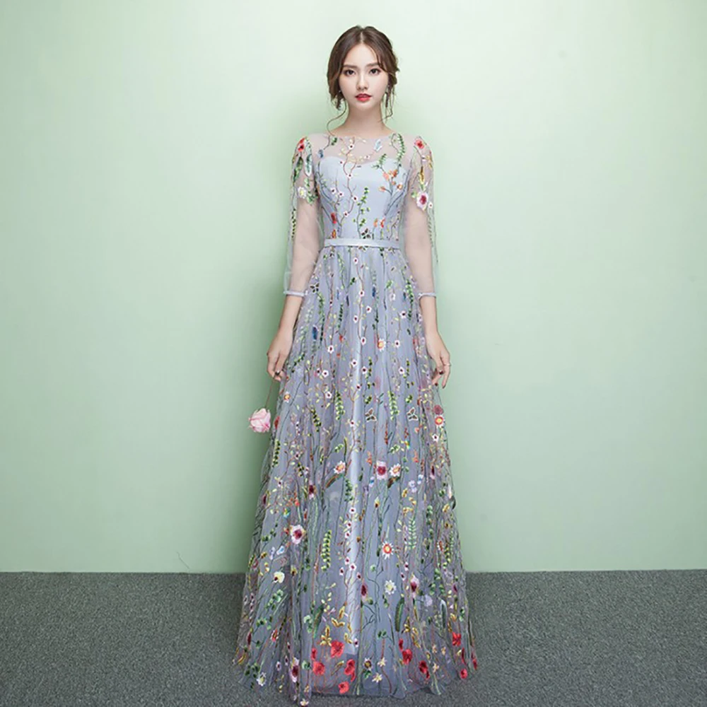 

European Embroidery Flower Evening Dress New Lace Long Style Temperament Banquet Annual Party Dress Women's Long Sleeve Dresses