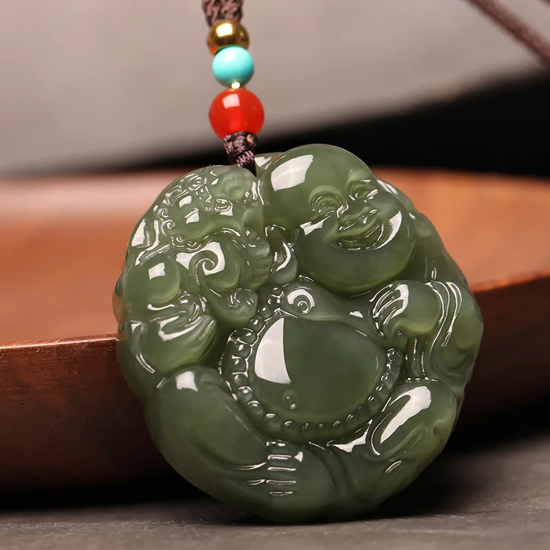 Green Women, Hotan Maitreya , Laughing Jade Pendant, Big Belly Buddha Necklace