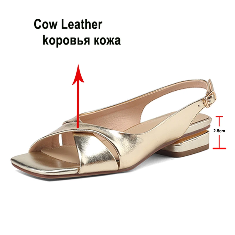 Meotina Women Genuine Leather Sandals Square Toe Thick Low Heels Buckle Ladies Fashion Casual Shoes Summer Gold Silver Beige 40