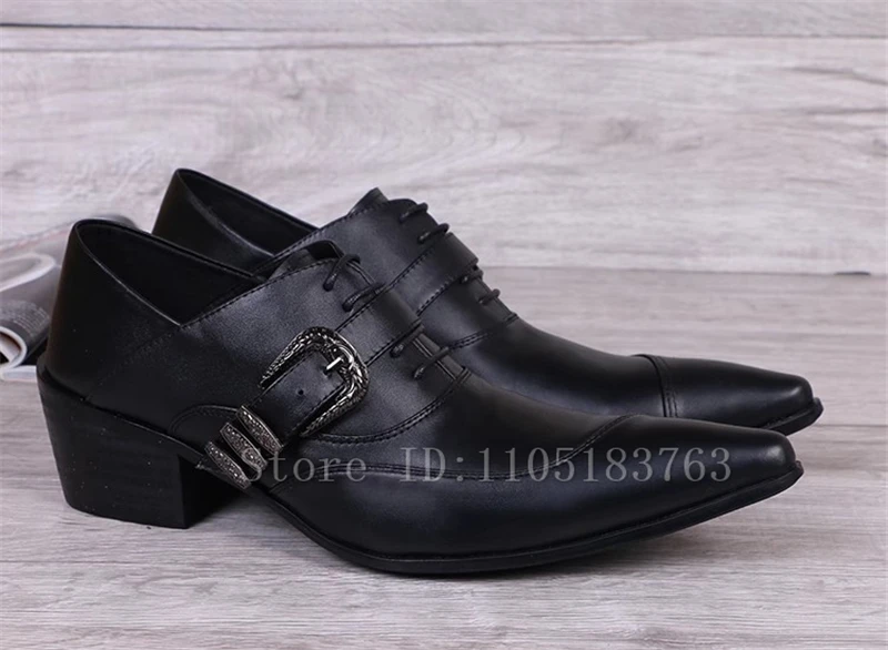 블랙 정품 가죽 남성 비즈니스 신발 뾰족한 발가락 레이스 업 버클 두꺼운 굽 옥스포드 웨딩 파티 정장 드레스 신발