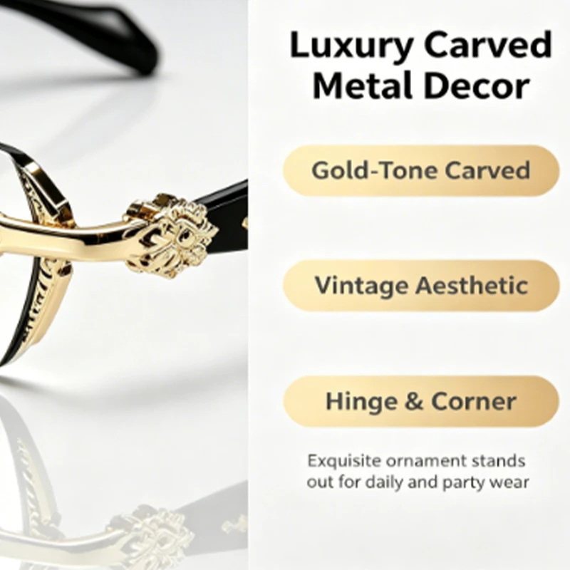 Luxury RimlessCut‑EdgeEyeglassesGold‑Tone Carved Metal Decor Vintage Eyewear Ergonomic Black Non‑Slip Temple Support Anti‑Blue