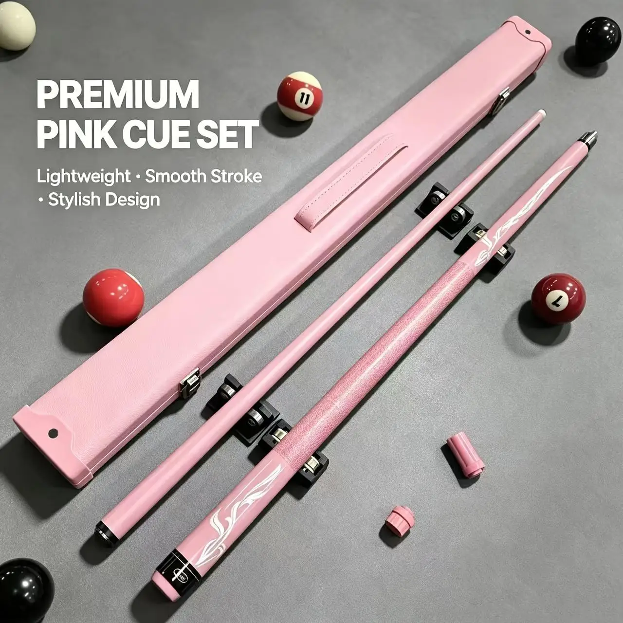 Exquisite Pink Pool Cue Set with Storage Case, 13mm Tip, 148cm, 19oz. Great for Valentine's & Birthday Gifts.