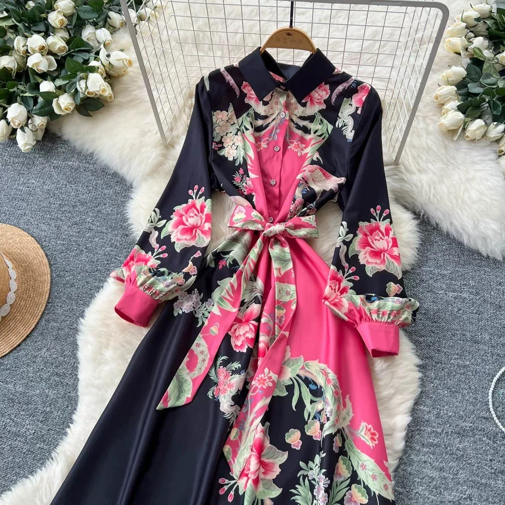 المرأة قميص طوق خمر الأزهار طباعة كم طويل فساتين حريمي واحدة الصدر طويل ألف خط الكاحل طول فستان SL138