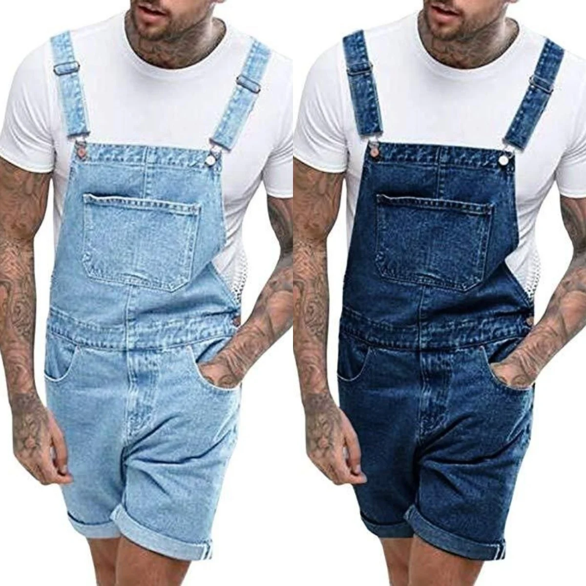 Men's Soild Denim Torn Shoulder Strap One Piece Jean Shorts