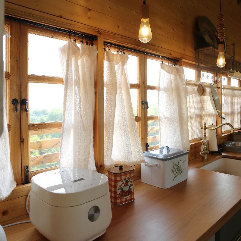 Cotton and Linen Wooden Fiber Yarn Curtain Half Curtain with Openwork Retro No-drill Door Curtain
