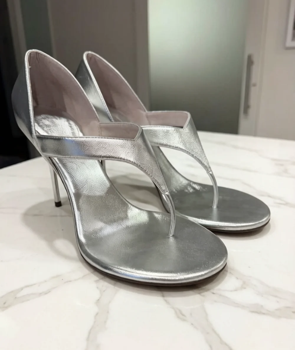 Metallic Silver Thong Stiletto Heel Sandals Minimalist Style T-Strap Open Round Toe Design Smooth Leather Upper Casual Sandals