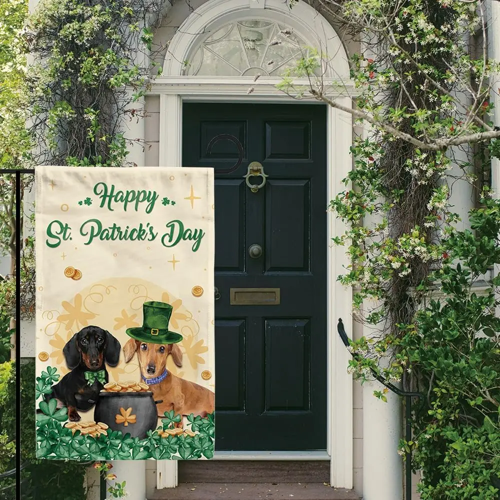 Dachshunds Dogs St Patricks Day Garden Flag Green Clover Welcome Spring Farmhouse Holiday Decor Banner for Outside 12.5x18 Inch