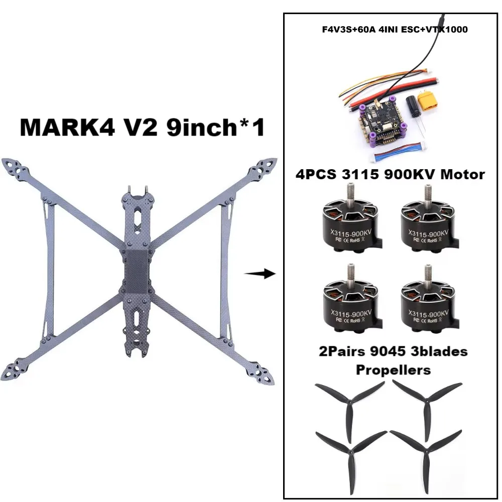 

MARK4 V2 9-дюймовый F4V3S/F4V3S PLUS Управление полетом 45/60A 4INI ESC стоечный дрон FPV из углеродного волокна PV Racing Drone Квадрокоптер Фристайл