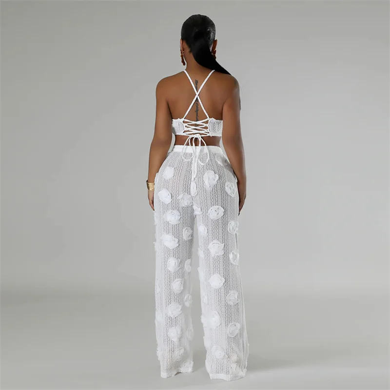 3D Flower Sexy Perspective Knit Two Piece Sets Women Backless Drawstring Lace Up Tank Top and Casual Straight Pants Sexy Outfits