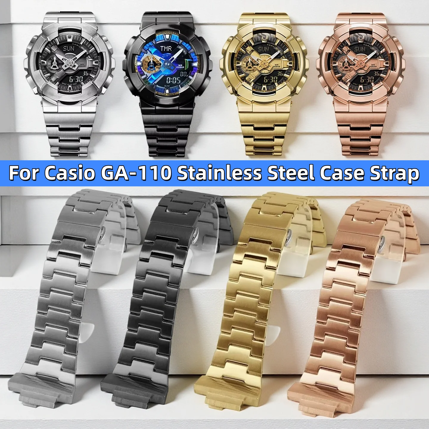 

Мод-комплект GA110 для Casio G-SHOCK GA-110/100/120 GA110GB: корпус из цельной нержавеющей стали, металлический ремешок, аксессуары для замены часов.