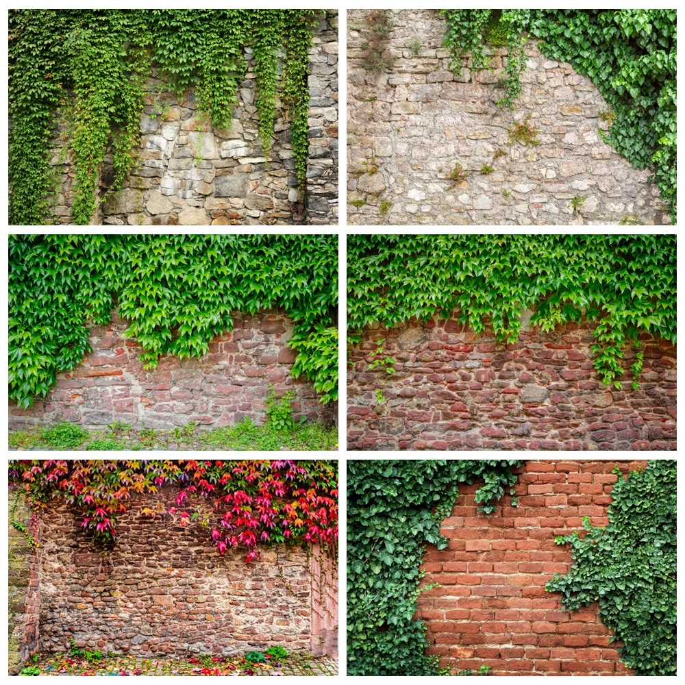 

Grunge Vintage Brick Wall Photography Backdrop Stone Green Leaves Wedding Party Birthday Decoration Portrait Photo Background