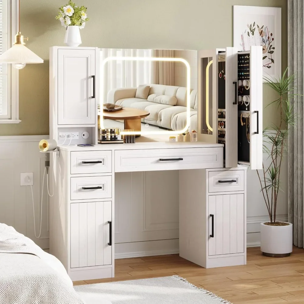 

Makeup Vanity with Lighted Mirror & Power Strip, Large Vanity Desk with Sliding Jewelry Storage Shelves, 4 Drawers, 3 Cabinets