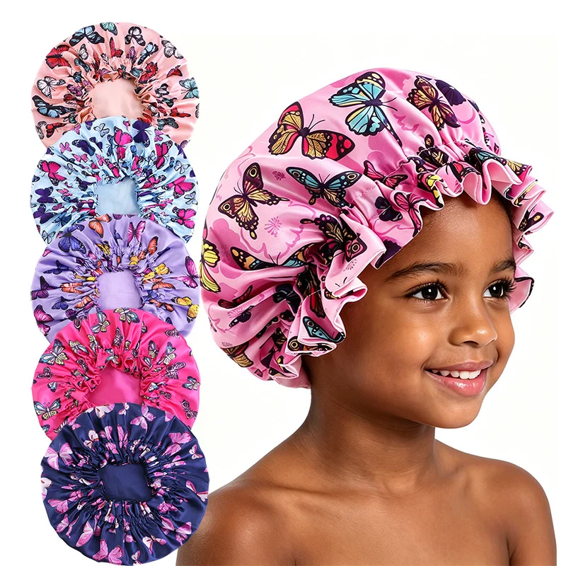 

Новая детская атласная шапочка для сна с принтом бабочек, двусторонний чепчик для девочек, ночной тюрбан, детская шапочка для сна