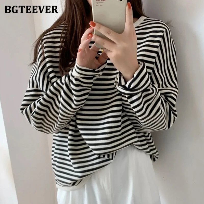 BGTEEVER Casual O-neck Striped Pullovers Women Long Sleeve Loose Spring Autumn Women Sweatshirts Vintage Female Tops