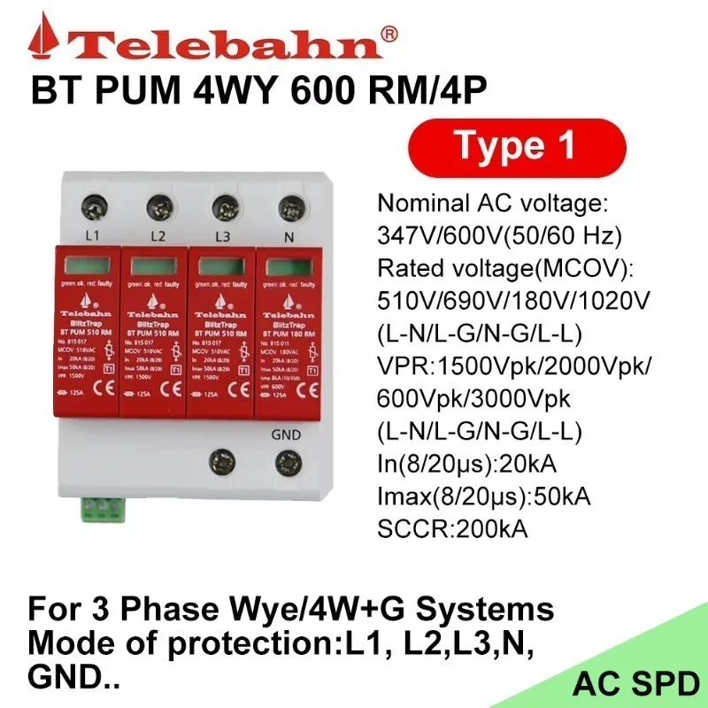 347V/600V AC SPD Surge Protector Surge Protection Devices for 3 Phase Wye/4W+G
