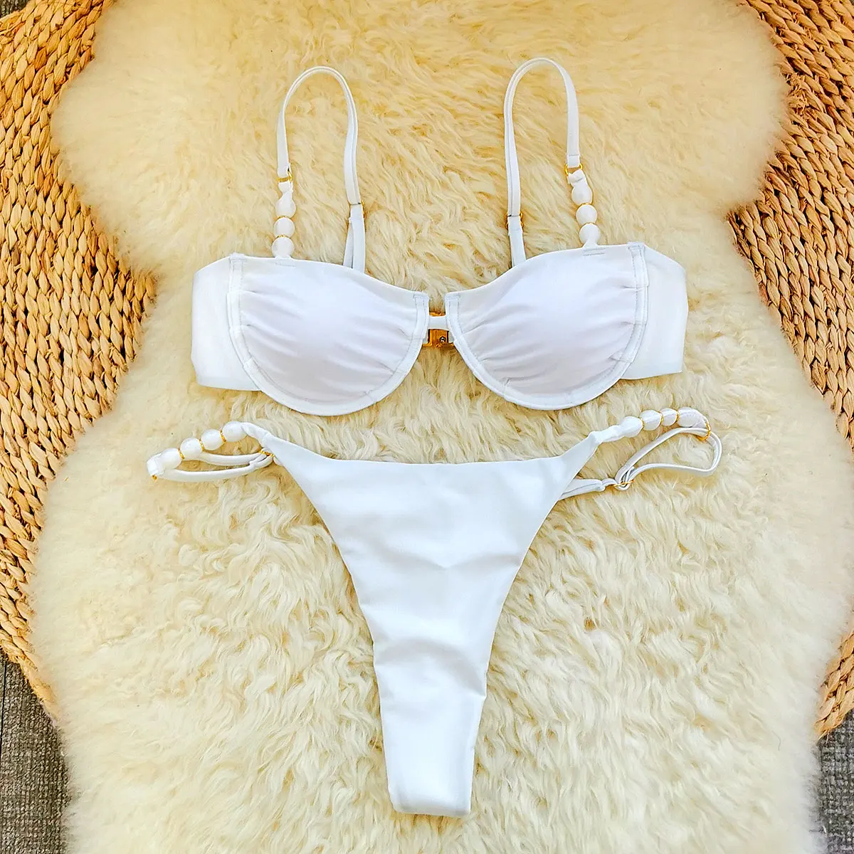 

Модный женский купальник-бикини с низкой талией и цепочкой из бисера, новинка 2025 года, сексуальный однотонный женский купальный костюм-бикини, женский купальник для отпуска